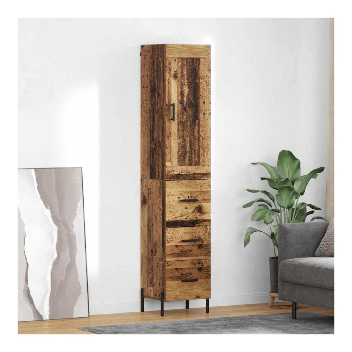 Hochwertiges Altholz Sideboard 34,5 x 34 x 180 cm mit 3 Schubladen und 1 Tur fur Wohnzimmer Kuche Flur Modernes Design