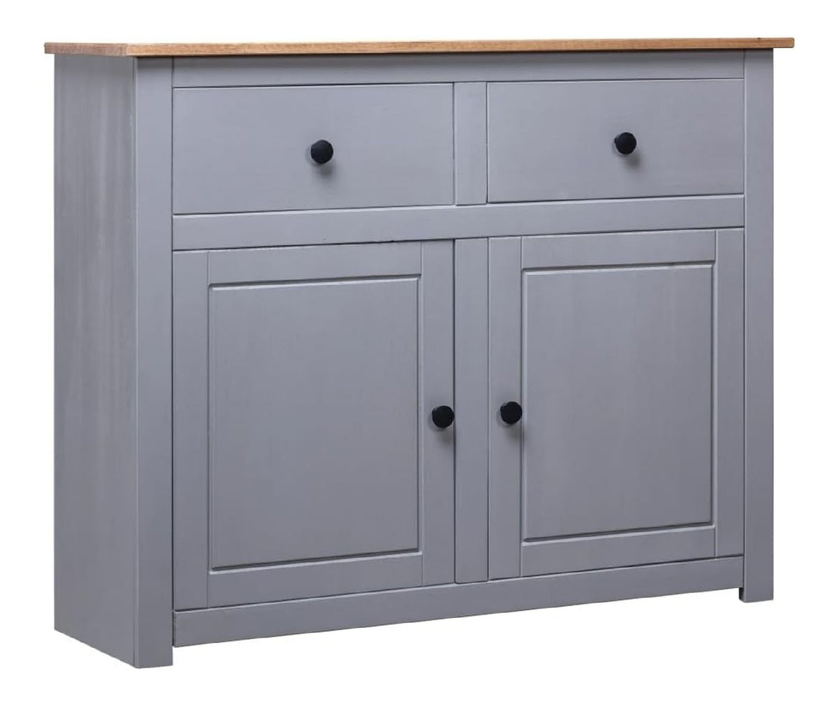 Massivholz Panama-Kiefer Sideboard mit 2 Schubladen 2 Turen Kommode Beistellschrank Mehrzweckschrank Anrichte Schrank Grau 93x40x80cm