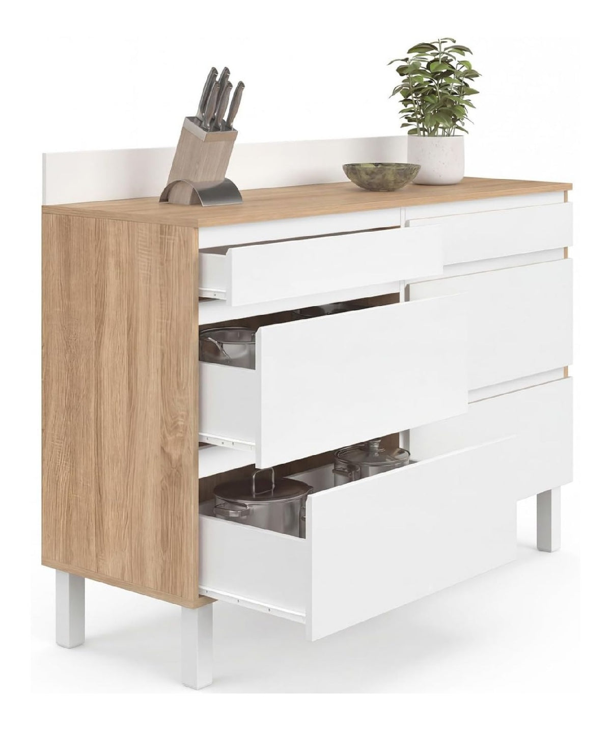 Doppelter Kuchenschrank mit 120 cm Breite, Modell Claude, Arbeitsplatte H. 83 cm, 6 Schubladen in Holz und Wei