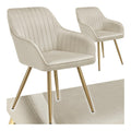 Esszimmerstuhl, gesteppter Samtstoff Stuhl, mit Armlehnen, als Essgruppe, Kuchenstuhle modern, gemutlicher Sessel Wohnzimmer, Dining Lounge, Schminktisch Stuhl- Creme/Gold, 2er Set
