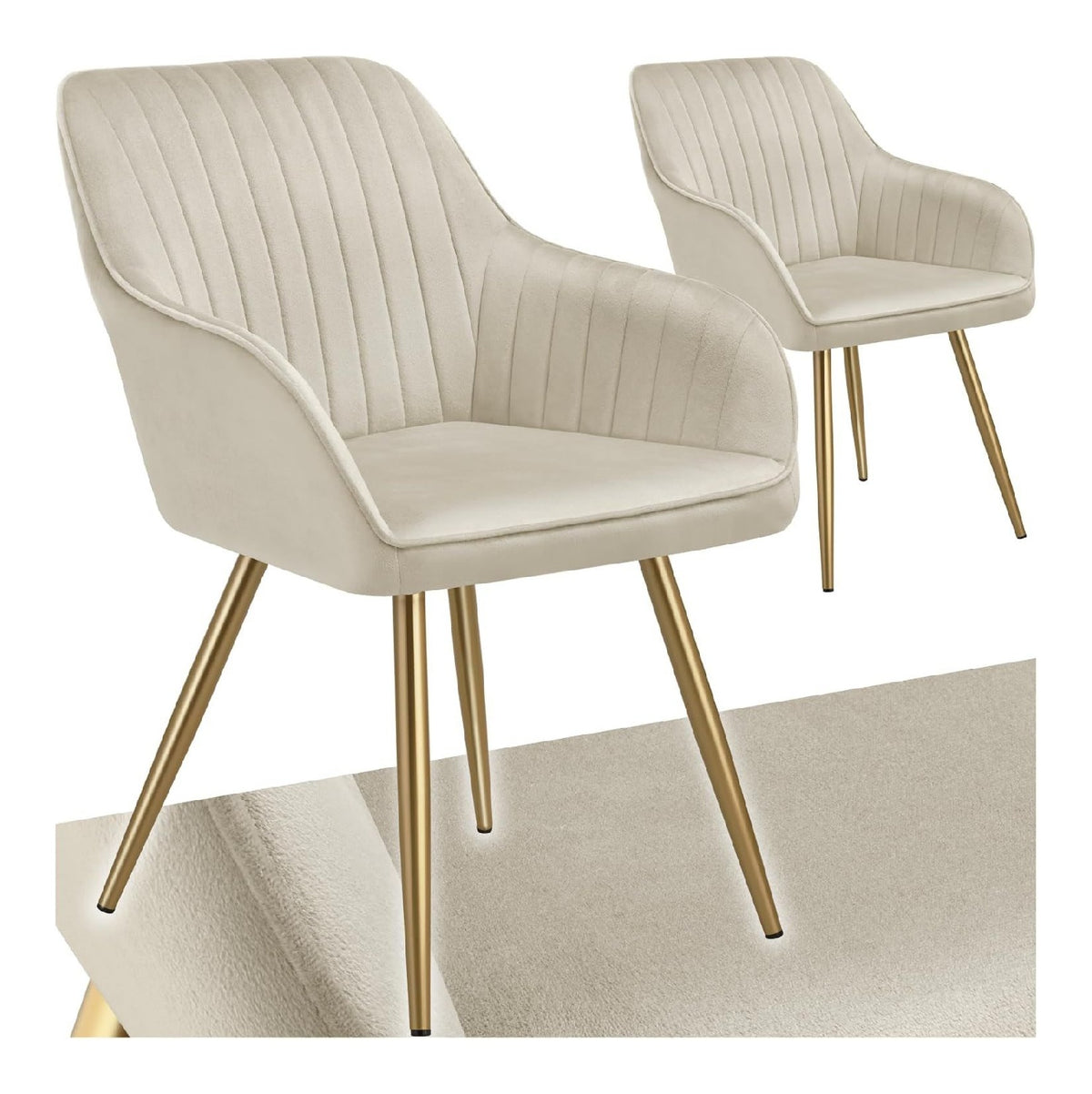 Esszimmerstuhl, gesteppter Samtstoff Stuhl, mit Armlehnen, als Essgruppe, Kuchenstuhle modern, gemutlicher Sessel Wohnzimmer, Dining Lounge, Schminktisch Stuhl- Creme/Gold, 2er Set