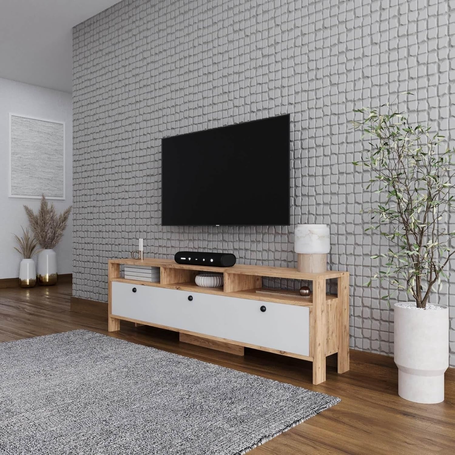 TV-Lowboard 180 cm mit 3 T¨¹ren und Ablagef?chern f¨¹r Fernseher b