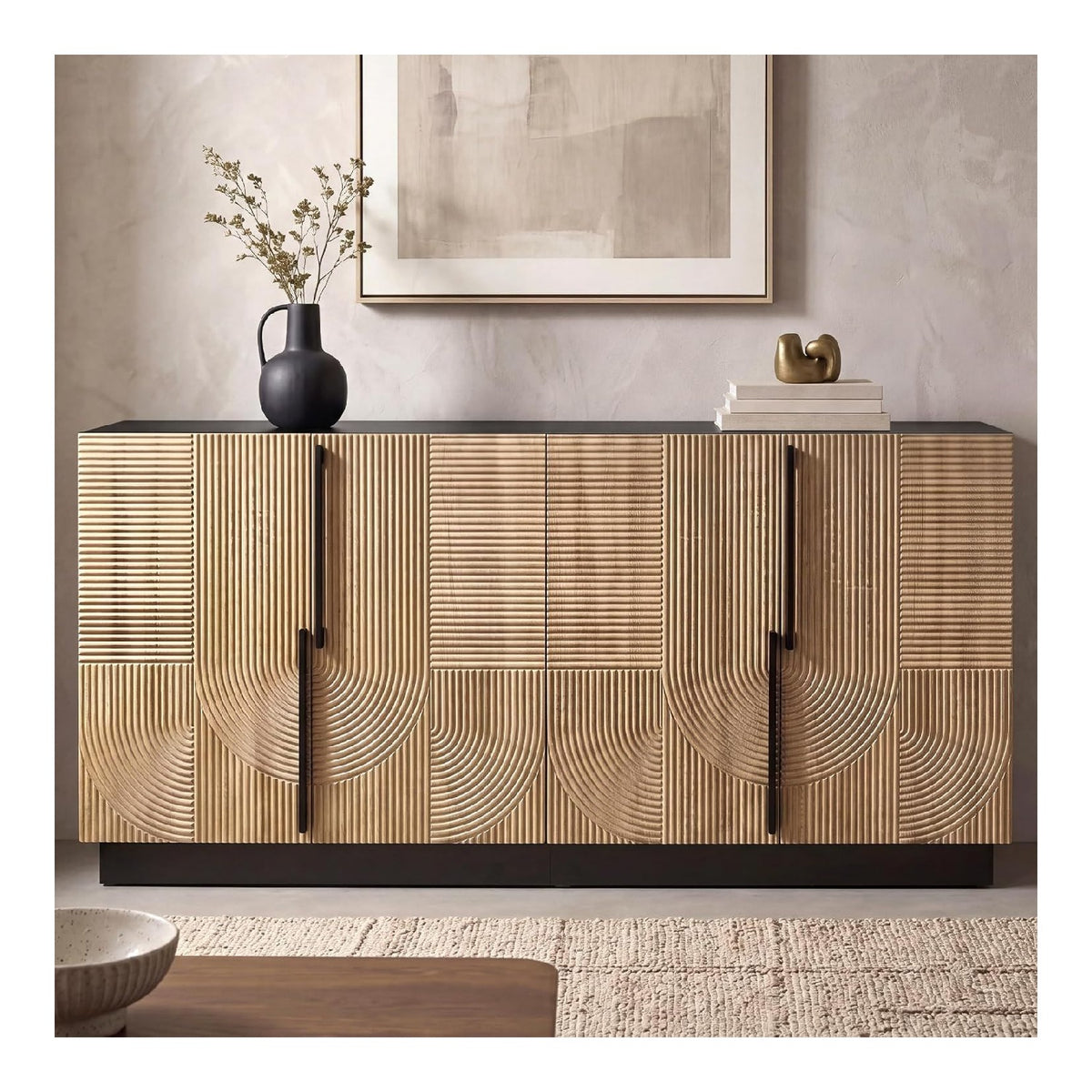 Sideboard 160cm Schwarz-Optik mit naturlichen geriffelten Holzturen, Vier Schrankklappen & verstellbaren Einlegeboden fur Wohnzimmer Esszimmer