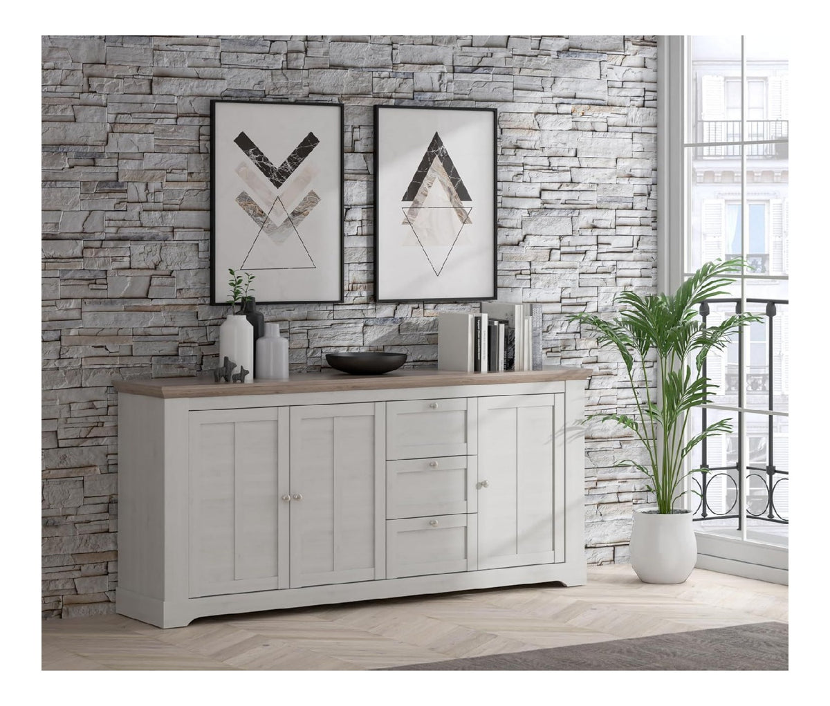 ILOPPA Sideboard mit 3 Schubladen und 3 Turen, Holzwerkstoff, Snowy Eiche/Nelson Eiche, B x H x T: 204,7 x 92,5 x 44,3 cm