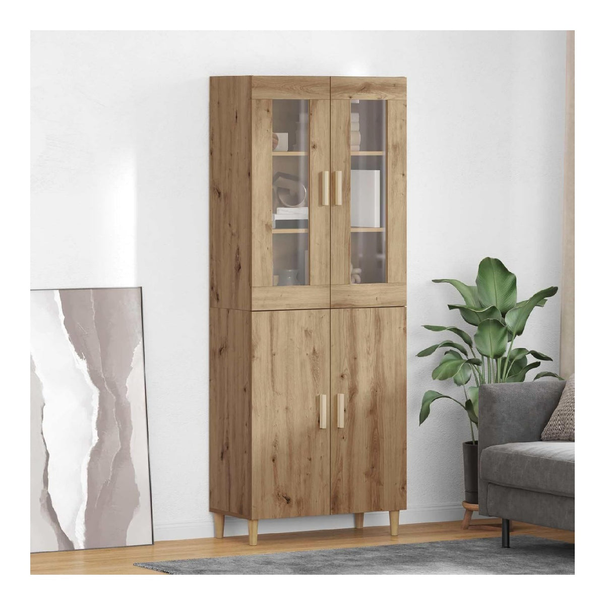 Highboard Artisan-Eiche 69,5 x 34 x 180 cm Holzwerkstoff mit 4 Turen, Sideboard Buffet Schrank fur Wohnzimmer und Esszimmer, Kuchenmobel mit viel Stauraum und stabilem Design