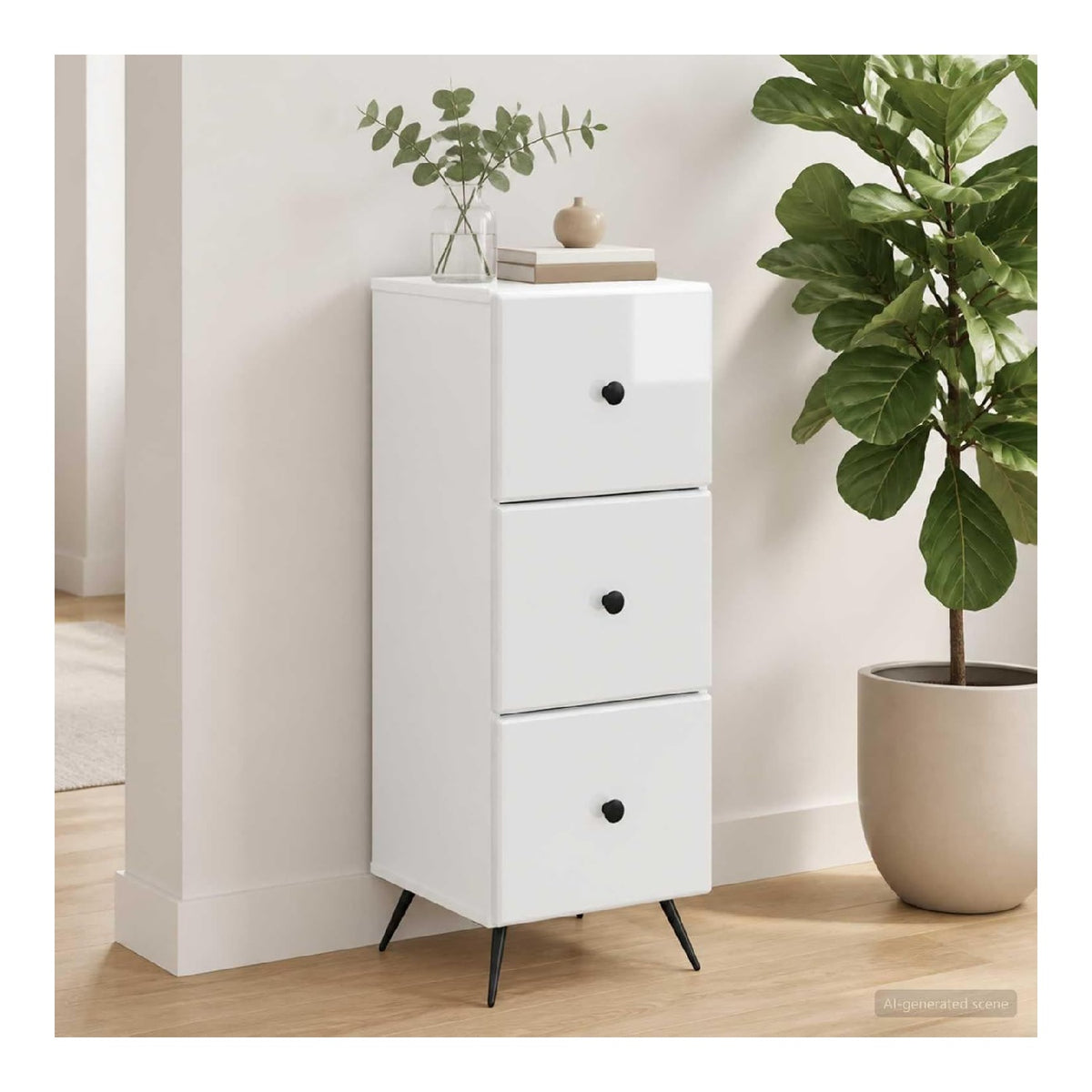 Schubladenschrank Hochglanz Wei 33 x 34,5 x 90 cm mit 3 Schubladen, Holzwerkstoff, abschlie bar, Stauraum Organizer fur Buro, Wohnzimmer, Flur, Werkstatt, Kuche, Garage
