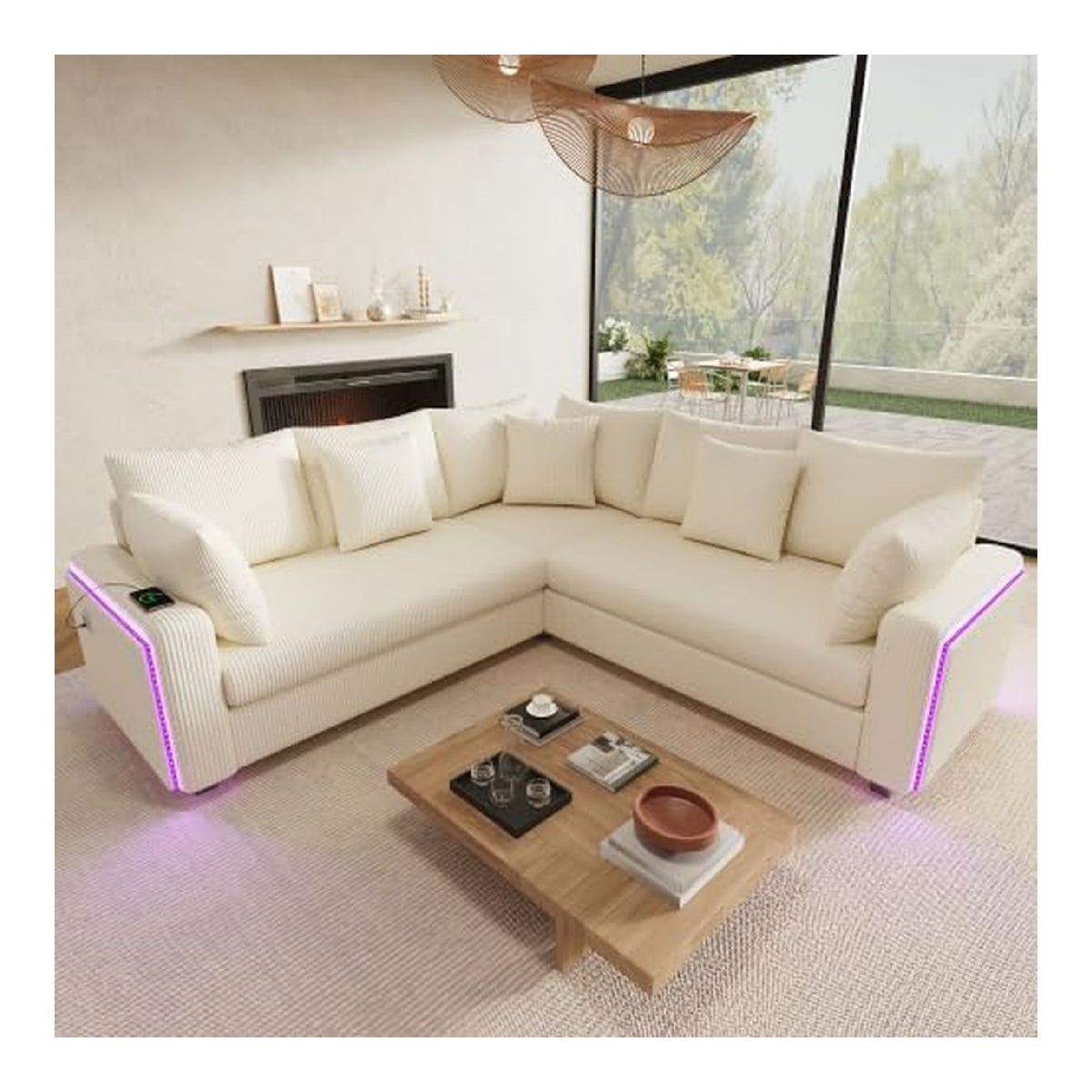 STAPERFO Ecksofa L formig mit LED-Beleuchtung, Bluetooth & USB-C Ladeanschluss, Cord Sofa mit 5 Kissen, modernes Couchset, Beige, 198 x 198 x 83 cm fur Wohnzimmer & Apartment