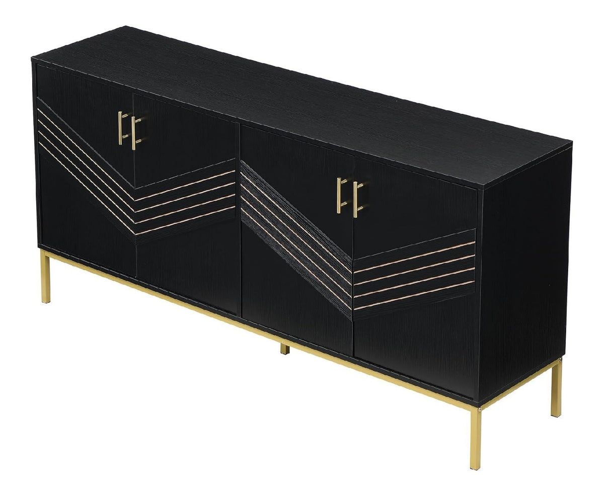 Sideboard mit Stauraum fur Esszimmer oder Wohnbereich - Vierfachturige Konstruktion mit Einlegeboden - Robuste MDF-Platten - Edle Griffausfuhrung - Zeitloses, funktionales Design (Schwarz)