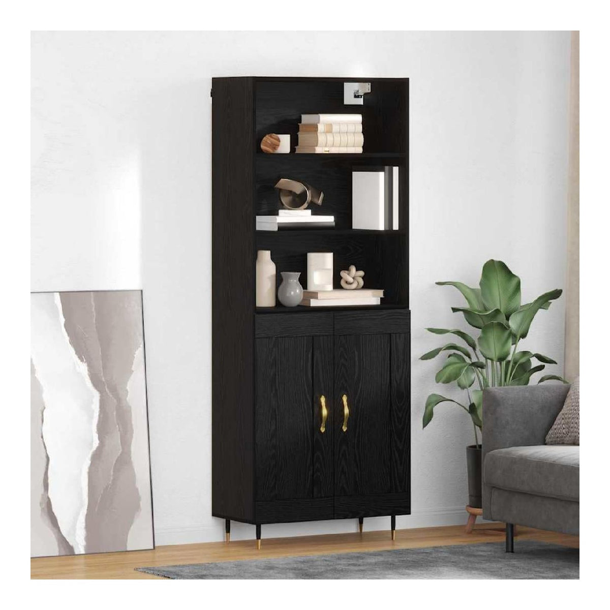 Black Oak Look Highboard, Wooden Material Cabinet, Sideboard, anrichte, kommode, Buffet Schrank, Storage, stauraum, Living Room, Dining Room, 69.5 x 34 x 180 cm, 2 Doors, Easy-Care Finish