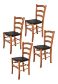 Tommychairs - 4er Set Stuhle VENICE fur Kuche und Esszimmer, robuste Struktur aus lackiertem Buchenholz im Farbton Kirschholz und gepolsterte Sitzflache mit KUNSTLEDER in der Farbe Schwarz bezogen