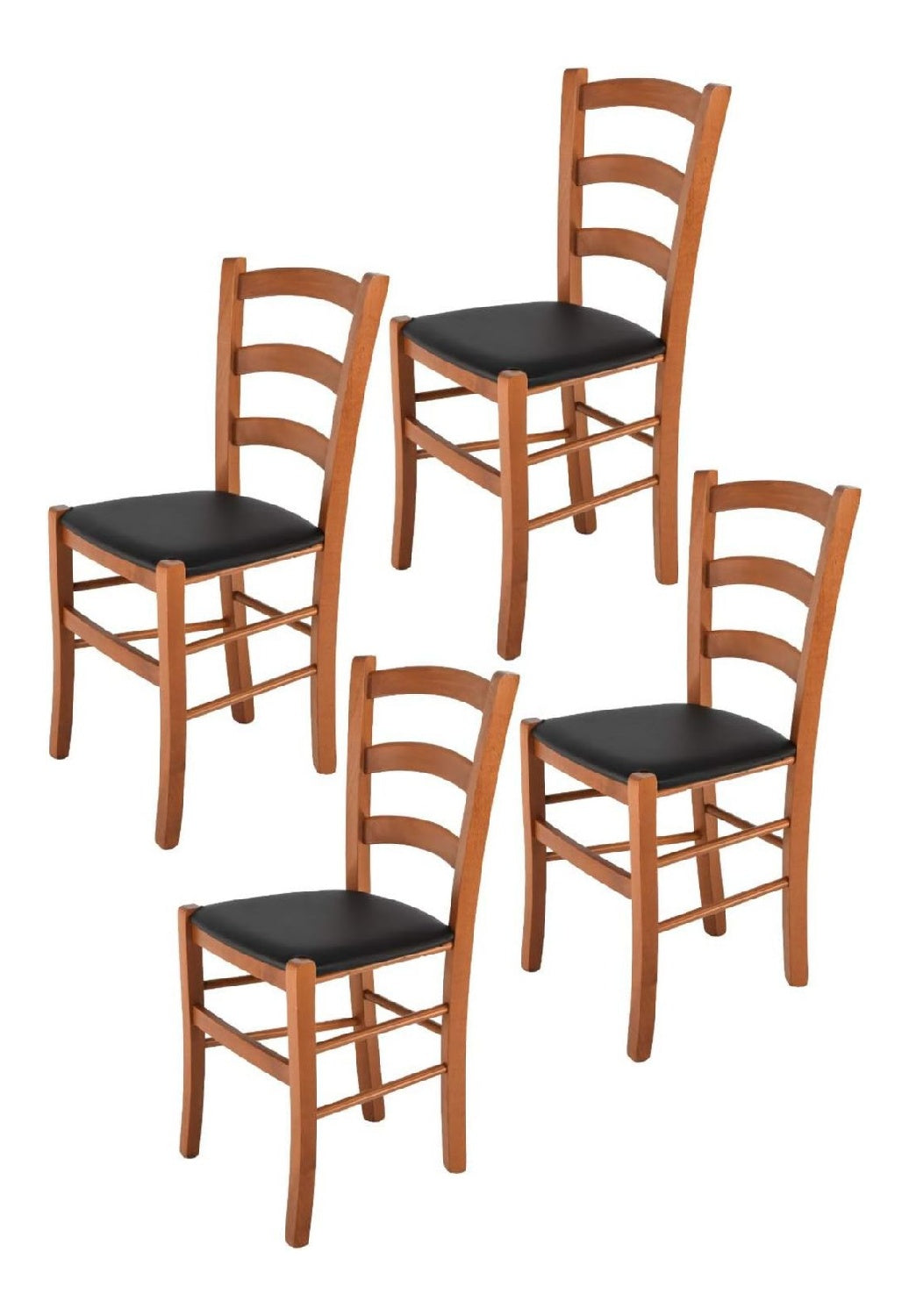 Tommychairs - 4er Set Stuhle VENICE fur Kuche und Esszimmer, robuste Struktur aus lackiertem Buchenholz im Farbton Kirschholz und gepolsterte Sitzflache mit KUNSTLEDER in der Farbe Schwarz bezogen