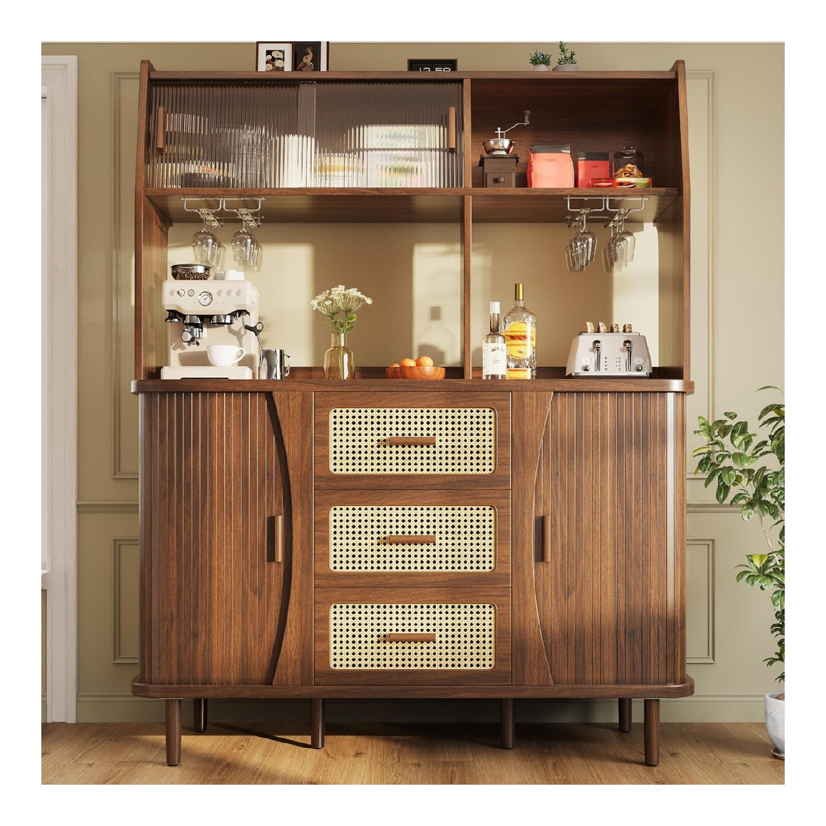Hochwertiger Buffetschrank Rattanoptik, Glasschiebeturen, 174,5cm hoch, Stauraum, Naturholz-Nussbaum-Optik, belastbar bis 60kg