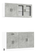 4-teiliges Kuchenschrank-Set, Betongrau, Holzwerkstoff und Glas, 140 x 46 x 140 cm, mit Hangeschranken und Unterschranken