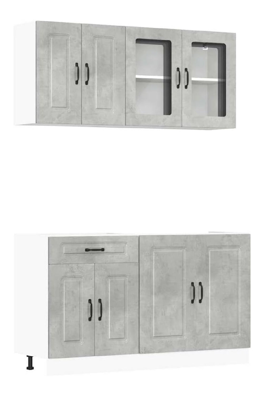 4-teiliges Kuchenschrank-Set, Betongrau, Holzwerkstoff und Glas, 140 x 46 x 140 cm, mit Hangeschranken und Unterschranken