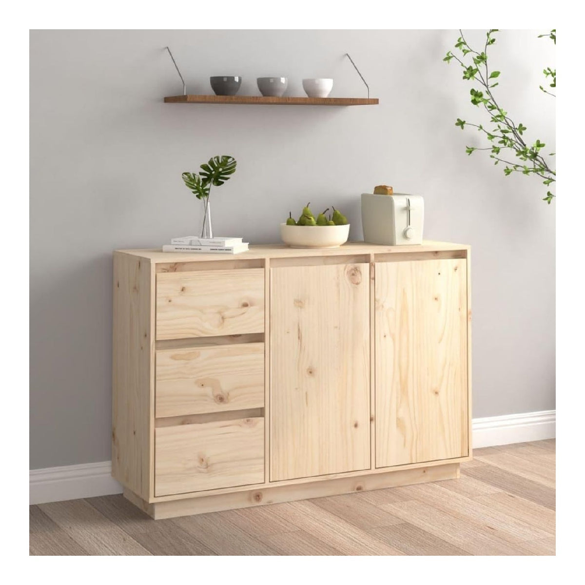 Sideboard 111x34x75 cm Massivholz Kiefer, Buffet Schrank mit 2 Turen und 3 Schubladen, rustikales Design fur Wohnzimmer, Esszimmer