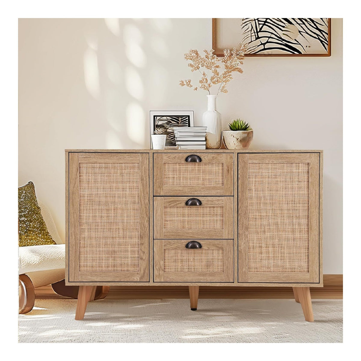 PHI VILLA Rattan Sideboard 120cm breit, Kommoden Wohnzimmer & Schlafzimmer, Boho-Stil Komodenschrank mit 3 Schubladen und 2 Turenfur, Eichenbeige, 120W x 40D x 80H cm