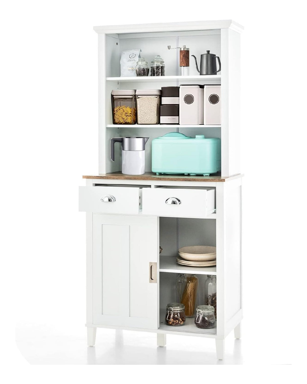 170cm Kuchenschrank Holz mit Schublade und verstellbare Einlegeboden, gro es offenes Raum fur Mikrowelle, freistehend, 76 x 47 x 170 cm