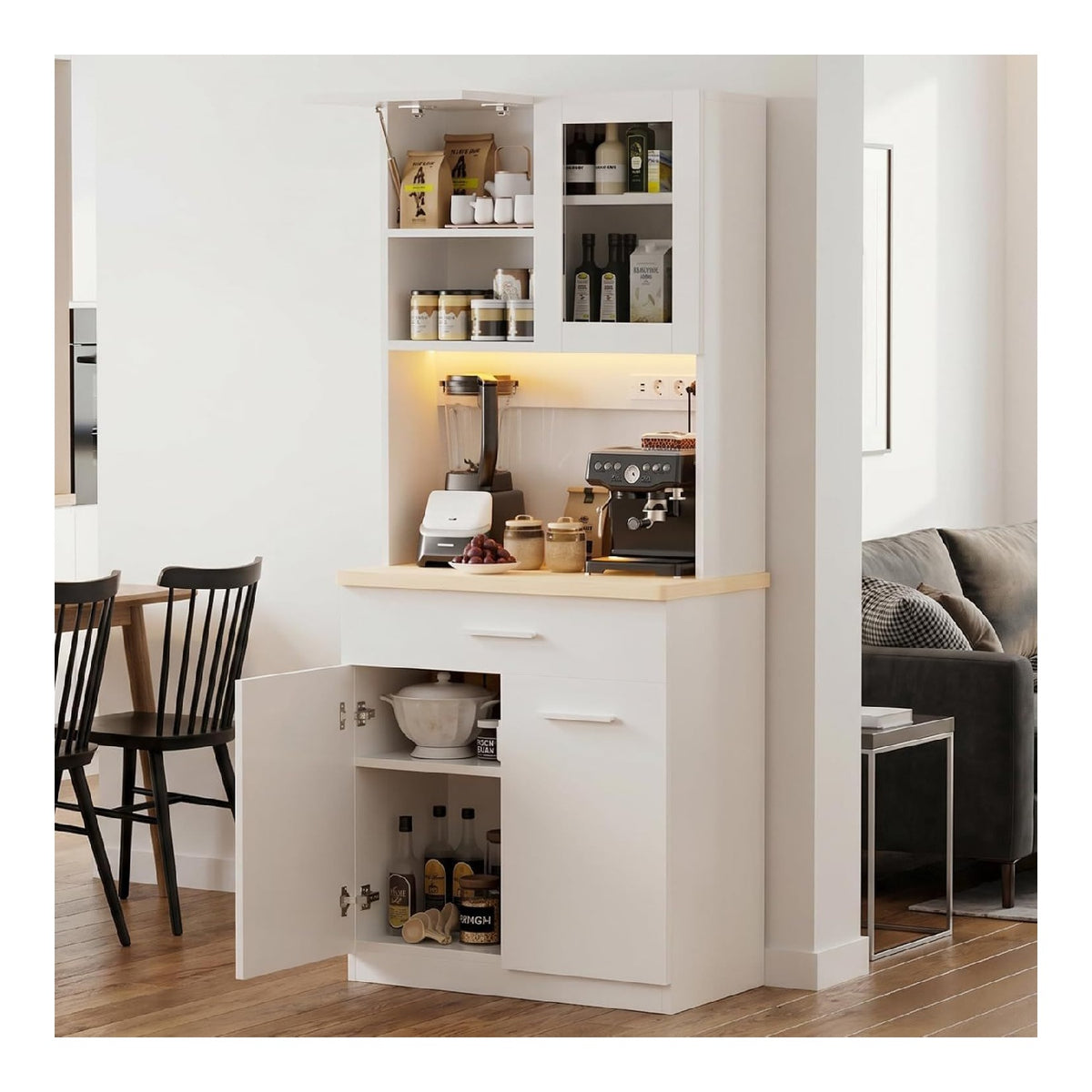 Devoko Kuchenschrank mit Arbeitsplatte & Steckdose, Buffetschrank LED Soft-Close, Vorratsschrank Hohenverstellbar Verstarkte Ruckwand, Mehrzweckschrank Kuche Wohnzimmer, Wei