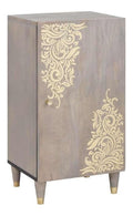 Sideboard fur Wohnzimmer, 40 x 33 x 75 cm, Grau und Gold, Massivholz Mango, mit Tur und Regal, Goldenes Siebdruckdesign, Messingknopfe