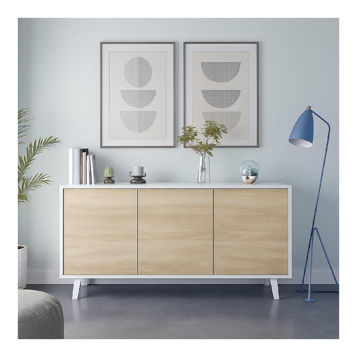 Anrichte Arvada, Modernes Sideboard mit 3 Turen und Einlegeboden, Kuchenbuffet, Wohnzimmer-Design-Buffet, 154x40h75 cm, Wei und Eiche