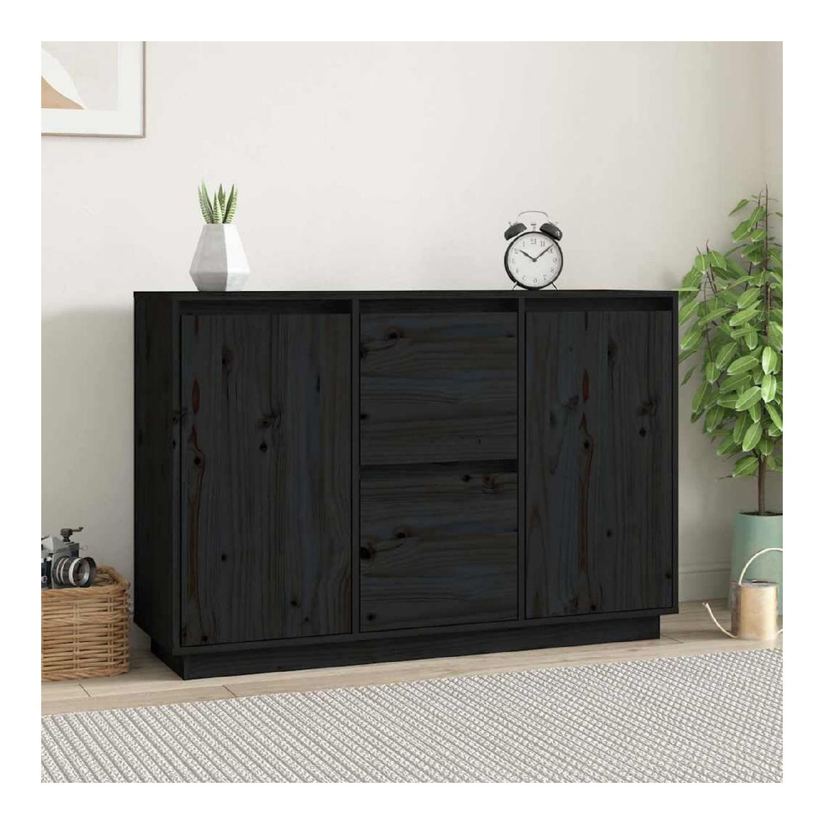 Sideboard Schwarz aus massivem Kiefernholz 111x34x75 cm mit viel Stauraum und Ablageflache fur Wohnzimmer Esszimmer Flur im modernen Landhausstil