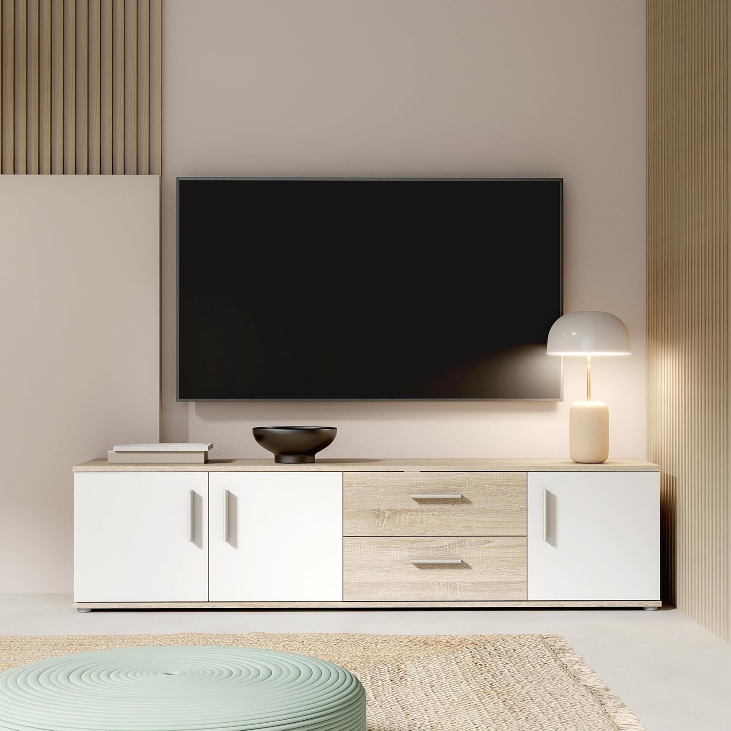TV-Lowboard mit 3 T¨¹ren und 2 Schubladen aus Holzwerkstoff in Wei? und Sonoma-Eiche, 174,3 ¡Á 43,3