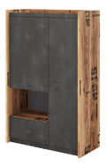 Highboard Fargo FG04 mit Schublade und 6 Ablagen mit Turen, 1 offenem Fach, Kommode, B:90 x H:141 x T:42 cm, Mehrzweckschrank, Schlafzimmerkommode, Anrichte (Alpenfichte/Raw Steel)
