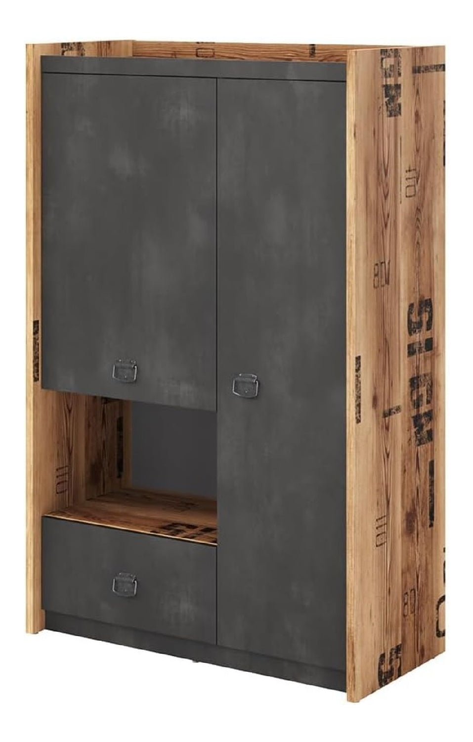Highboard Fargo FG04 mit Schublade und 6 Ablagen mit Turen, 1 offenem Fach, Kommode, B:90 x H:141 x T:42 cm, Mehrzweckschrank, Schlafzimmerkommode, Anrichte (Alpenfichte/Raw Steel)