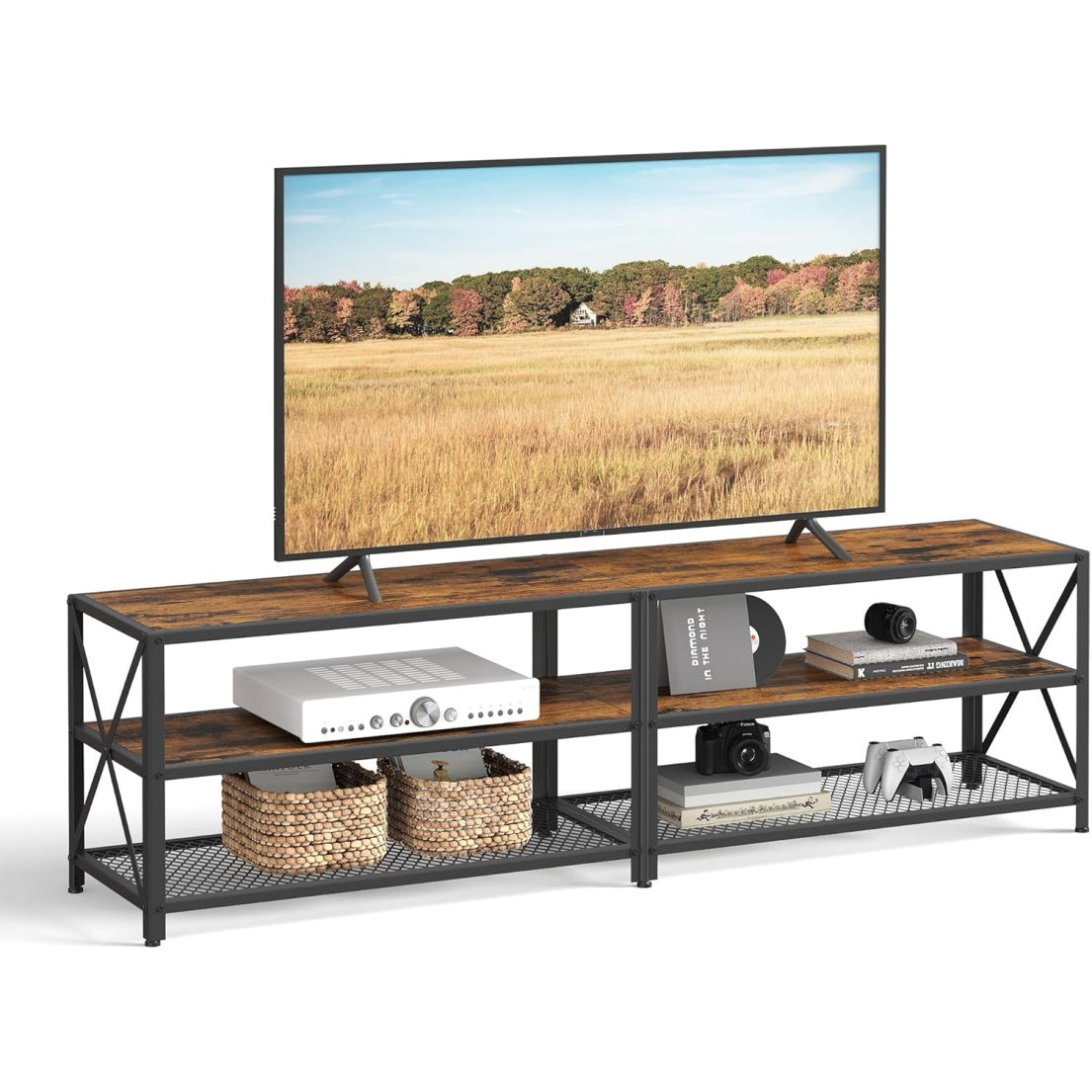 TV-Lowboard f¨¹r Fernseher bis 75 Zoll mit Ablagef?chern und Metallgestell, 178 cm, Vintagebraun u