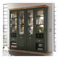 Landhaus Buffetschrank Kuchenbuffet Vitrinenschrank in englisch grun mit Wotaneiche, LED-Beleuchtung, B/H/T: 194/207/45cm