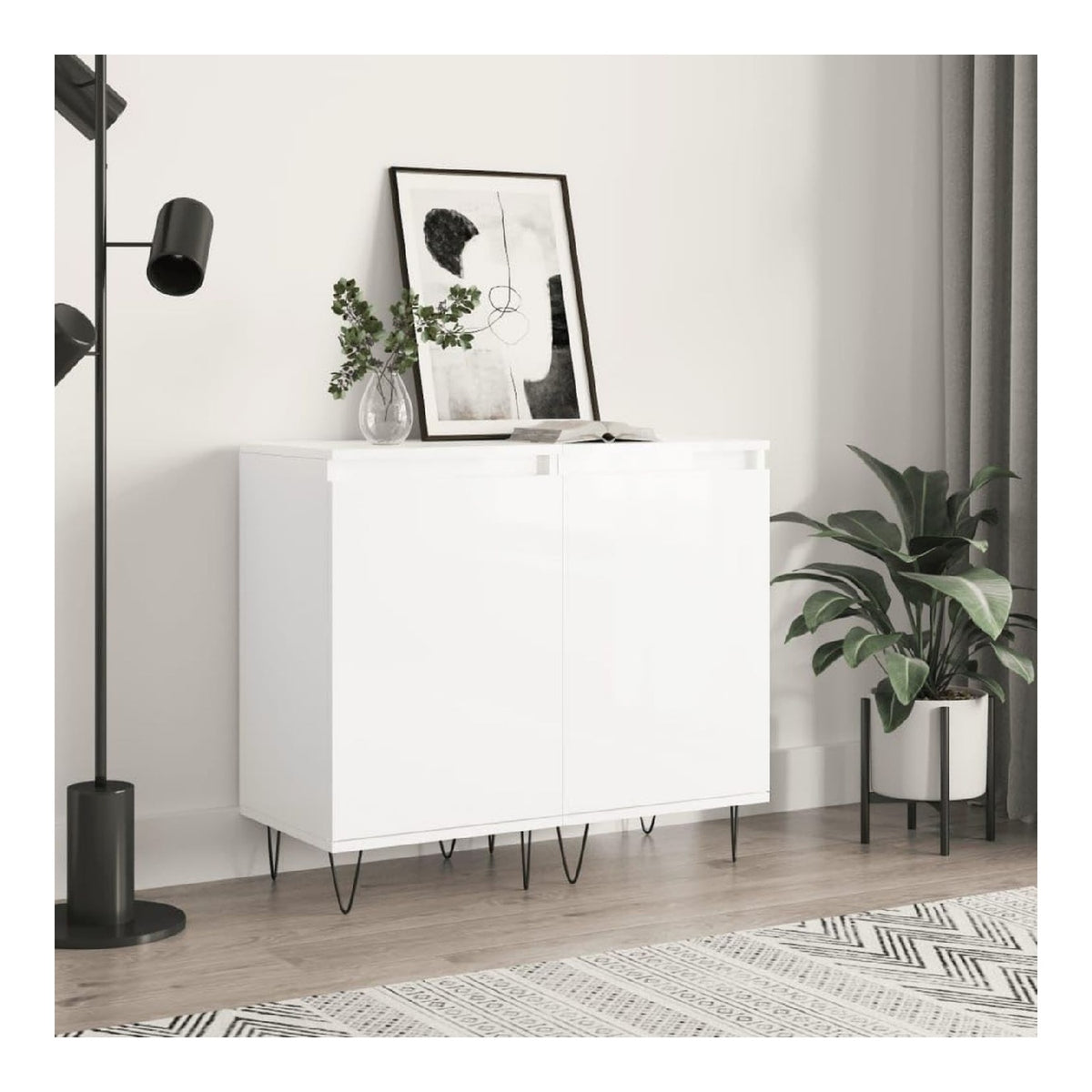 2er Set Sideboard Anrichte Hochglanz Wei , Holzwerkstoff Konsole mit Metallbeinen, 40 x 35 x 70 cm, 2 Facher, Tur zum Staubschutz, Stauraum fur Wohnzimmer
