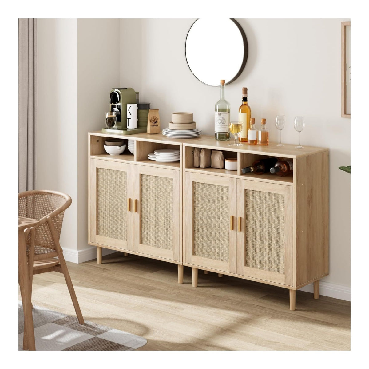 2er Set Rattan Sideboard 91cm - Boho Aufbewahrungsschrank mit 2 Turen & verstellbarem Regalboden - Couchtisch, TV-Schrank oder Kaffeebar fur Wohnzimmer & Kuche - System Default