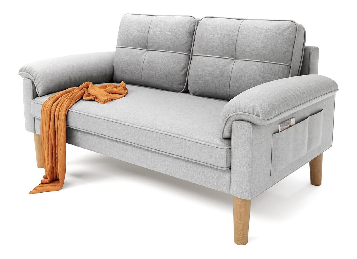 Xbro Sofa 2 Sitzer, 144 x 77 x 77 cm Kleine Couch 2 Sitzer mit Armlehne und Seitentasche, Modernes Stoffsofa fur Wohnzimmer, Wohnung, Buro, Einfache Montage, Hellgrau