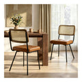 Zouron Rattan Esszimmerstuhle 2er Set Braun Kunstleder - Mid Century Moderne Esszimmerstuhle mit Rohrruckenlehnen Kunstleder Gepolstert Armlos Rattan Cane Kuchenstuhl mit schwarzen Metallbeinen