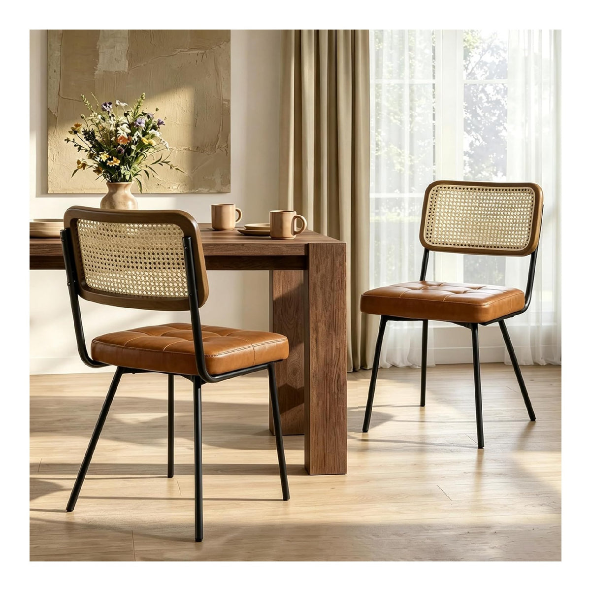 Zouron Rattan Esszimmerstuhle 2er Set Braun Kunstleder - Mid Century Moderne Esszimmerstuhle mit Rohrruckenlehnen Kunstleder Gepolstert Armlos Rattan Cane Kuchenstuhl mit schwarzen Metallbeinen