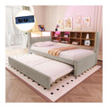 Schlafsofa 90x200 cm, mit Ausziehbett 90x190 cm, LED-Leuchten, Steckdosen & USB/Type-C-Anschlussen, Polsterbett mit viel Stauraum & Ablagefachern, Flanellbezug, Hellgrau (ohne Matratze)