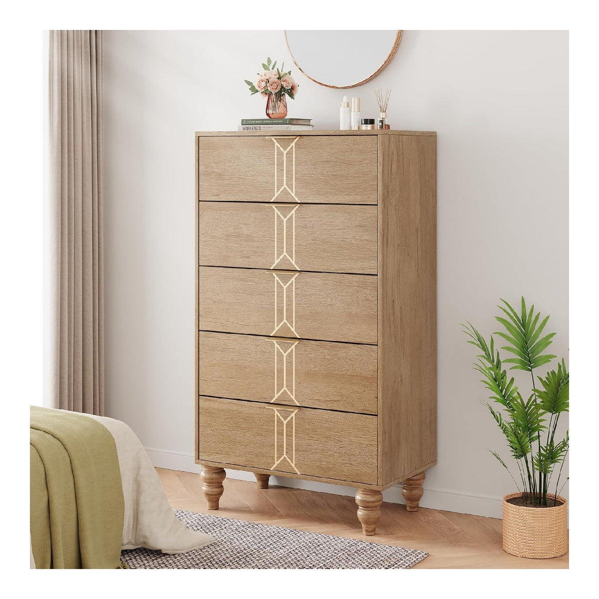 Kommode 5 Gro e Schublade und gro er Griff, PB-Platine, Geeignet fur Schlafzimmer, Wohnzimmer, Flur, Holz- und Goldfarben