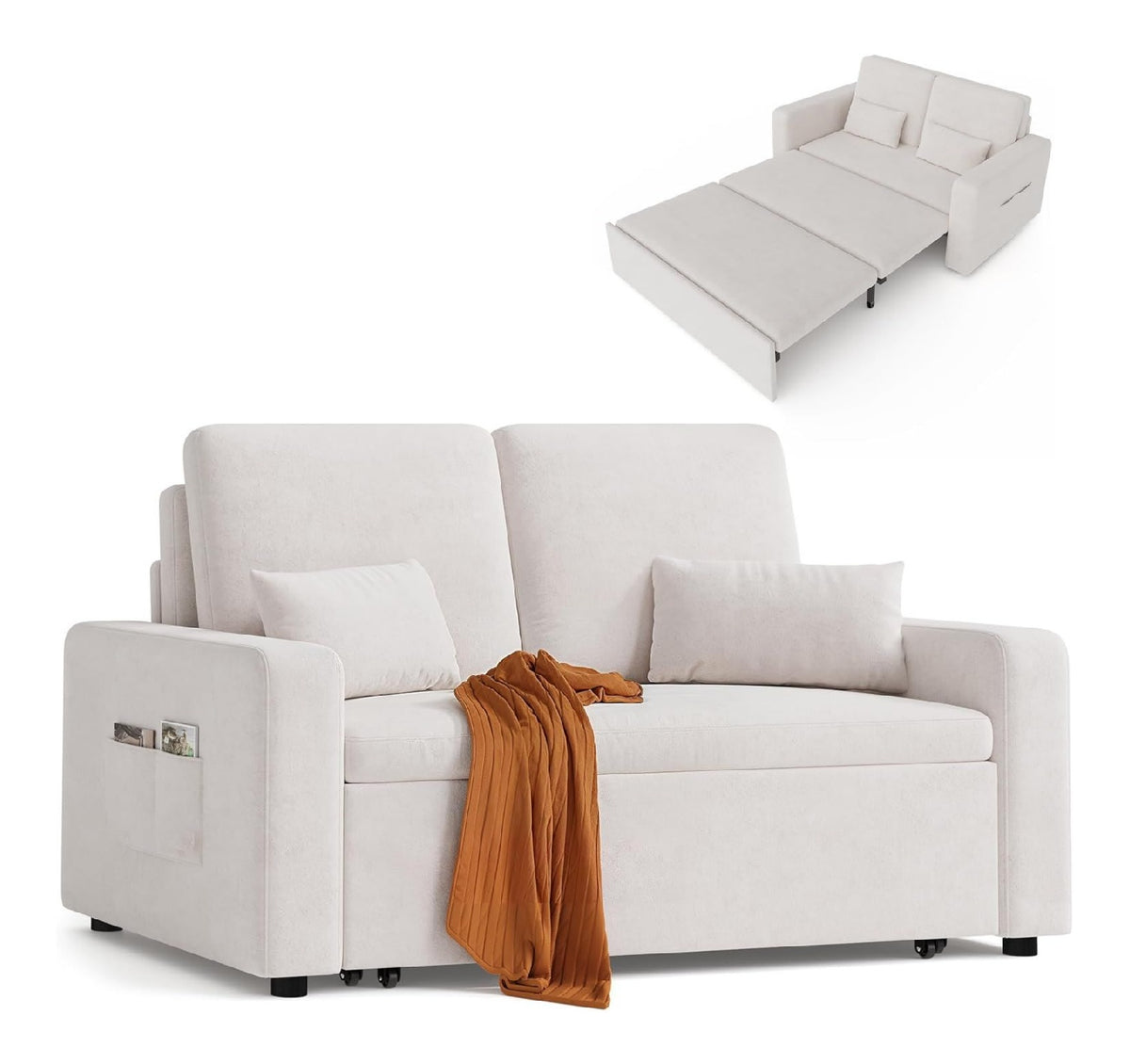 Xbro Schlafsofa 147x196x87 cm, Schlafsofa 2-Sitzer Ausziehbar, Sofa mit Schlaffunktion, Modernes Veloursstoff Sofabett, Beige