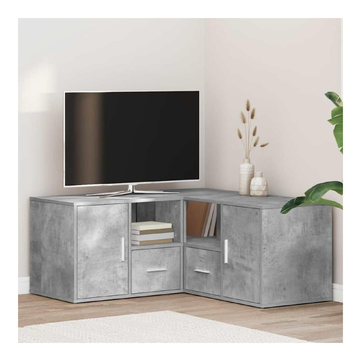 Eckregal Betongrau aus Holzwerkstoff, 160 x 40 x 45 cm Eckschrank mit Fachern und Schubladen, fur Wohnzimmer Schlafzimmer Flur Kuche Buro als Stauraum