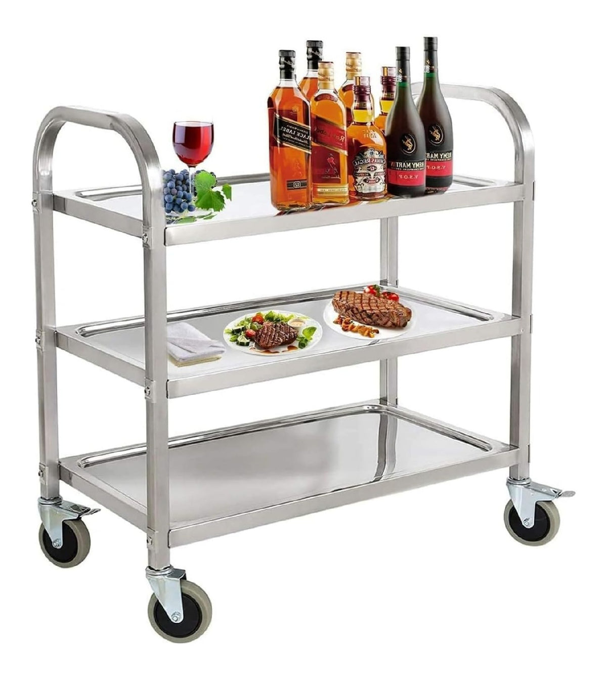 uyoyous Servierwagen 95x50x95cm Edelstahl 3 boden Kuchenwagen Transportwagen Edelstahl mit 4 360 drehbare Rollen (2X bremsbar) fur Restaurant Kuchen oder Hotel