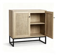 Boho Rattan Garderoben-Sideboard - Aufbewahrungsschrank mit 2 Turen, Verstellbarer Einlegeboden, Metallbeine, 80 x 38 x 78 cm, fur Flur/Diele & Kuche, Light Oak+Black
