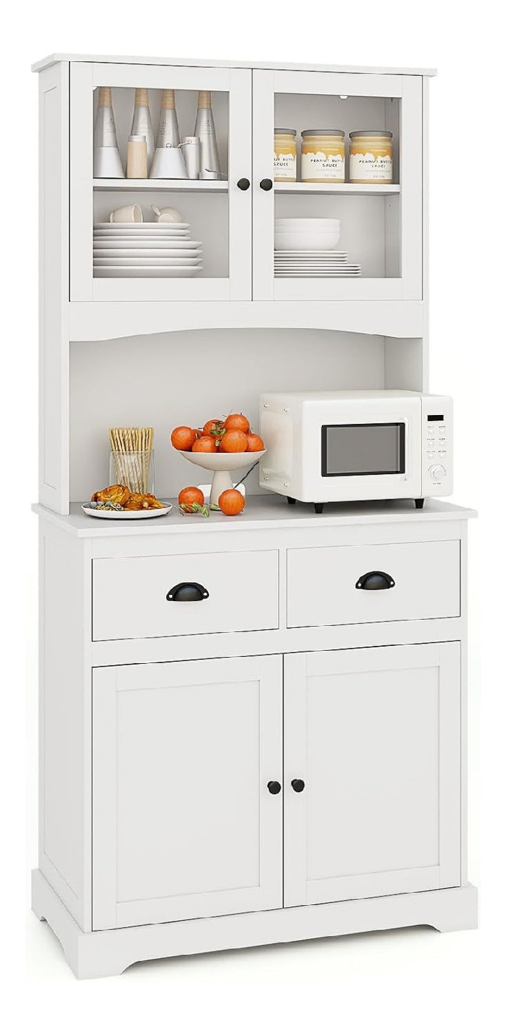 Kuchenschrank, Buffet-Schrank, Hohe 170 cm, mit Schublade, Arbeitsplatte, Schrank mit verstellbaren Einlegeboden, Turen aus gehartetem Glas fur Kuche und Esszimmer