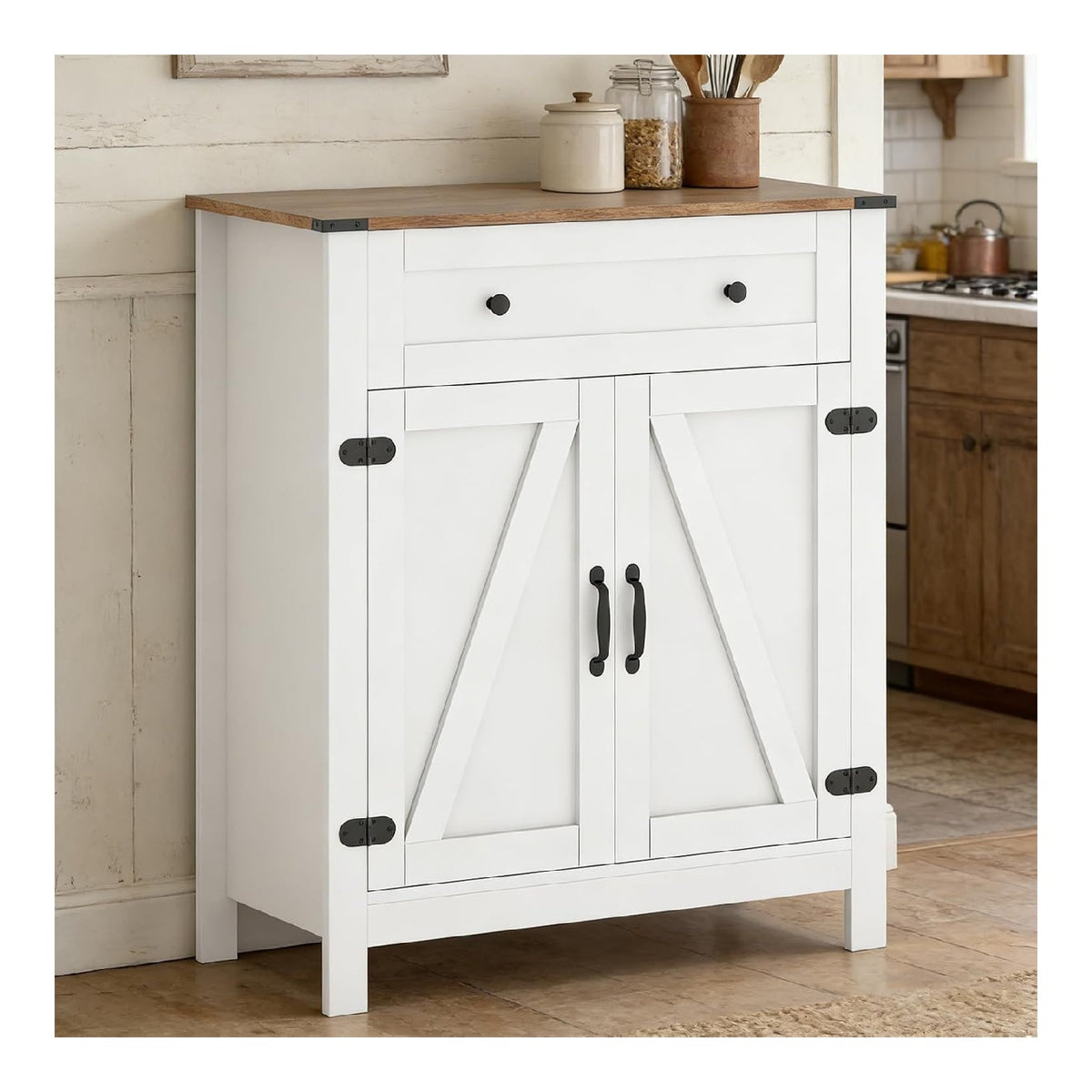 Sideboard Kuche, Kuchenschrank Kommode mit Arbeitsplatte, Buffetschrank mit Schublade & Verstellbarem Regal, Beistellschrank Holz Landhausstil, Mehrzweckschrank Stehend, 80 x 40 x 92 cm, Wei