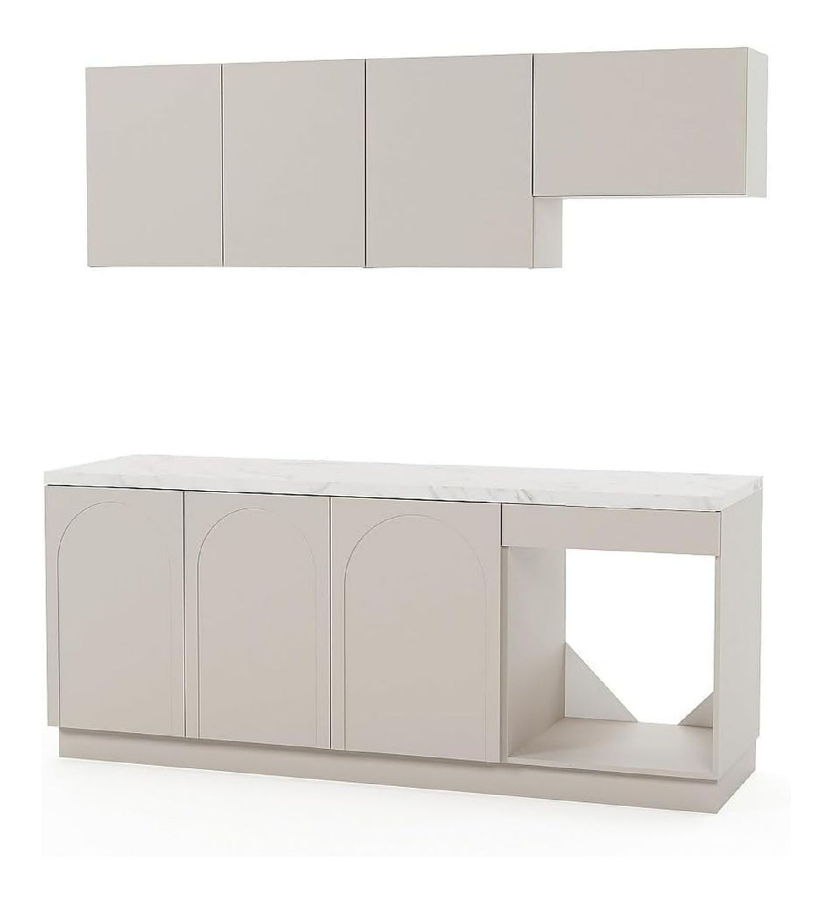Komplette Kuche - mit Arbeitsplatte 200 cm - Beige und wei er Marmoreffekt - Nalayra