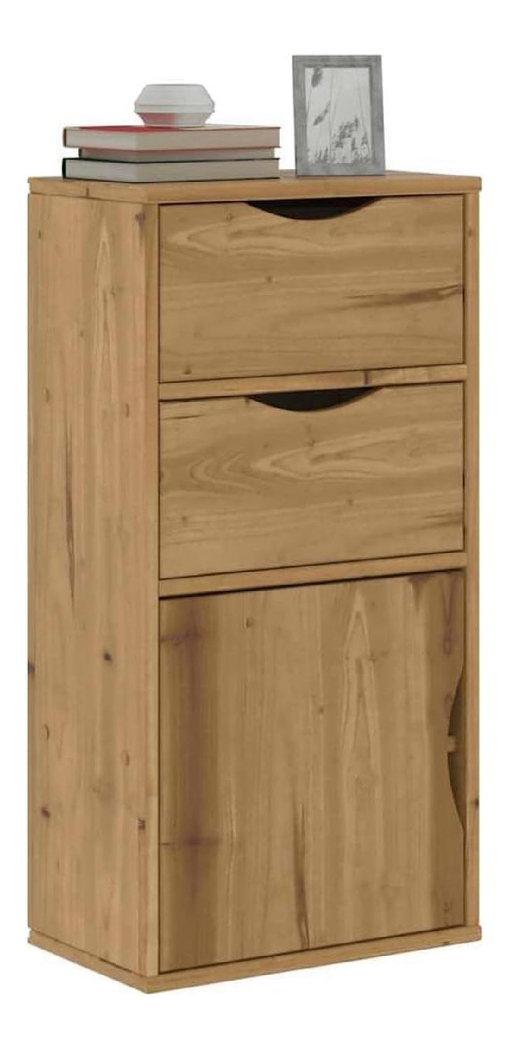 ODDA Beistellschrank mit 2 Schubladen und 1 Fach aus Massivholz Kiefer 40x24x79 cm - Robuster Stauraum fur Schlafzimmer mit rustikalem Charme, stabile Oberplatte