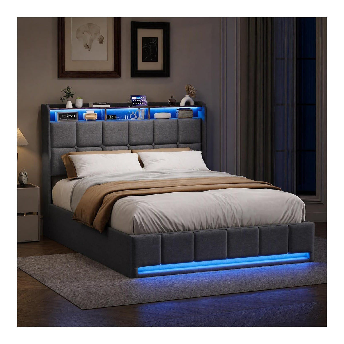 Polsterbett 160x200 mit Stauraum, Hydraulisches Stauraumbett mit Lattenrost, Boxspringbett mit LED und USB Doppelbett mit Kopfteil Funktionsbett Hydraulik Jugendbett mit Bettkasten, Ohne Matratze