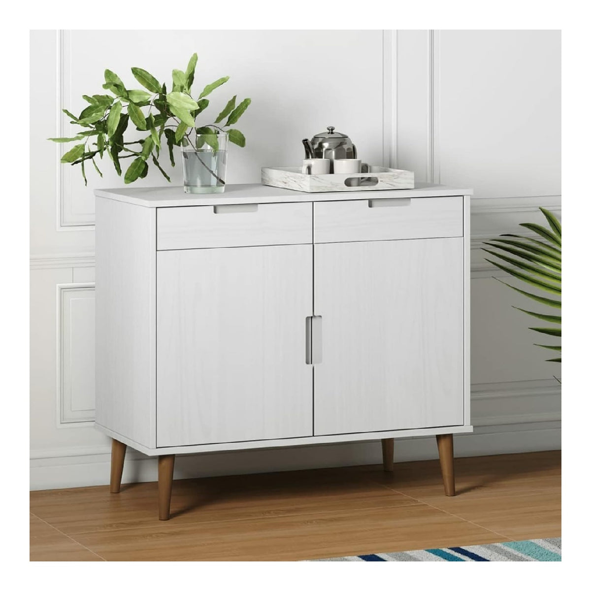 Sideboard aus massivem Kiefernholz, Wei , 90 x 40 x 80 cm, Kuchenschrank, Sideboard, Beistelltisch, Schrank, Schubladen, Kommode, Buffet, Wohnzimmer, Sideboards
