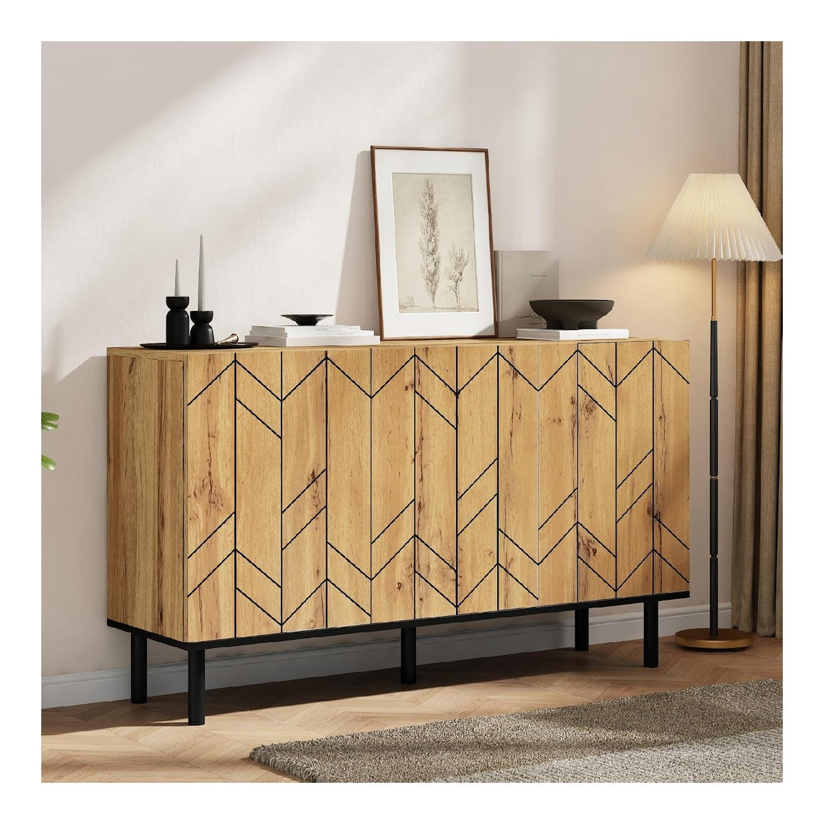 Sideboard 120x35x70cm, Schrank Mit 3 Turen, Wellenmuster, Spanplatte Metallbeine, 50 Kg Belastbar, Wohnzimmer Esszimmer Flur, Naturholz