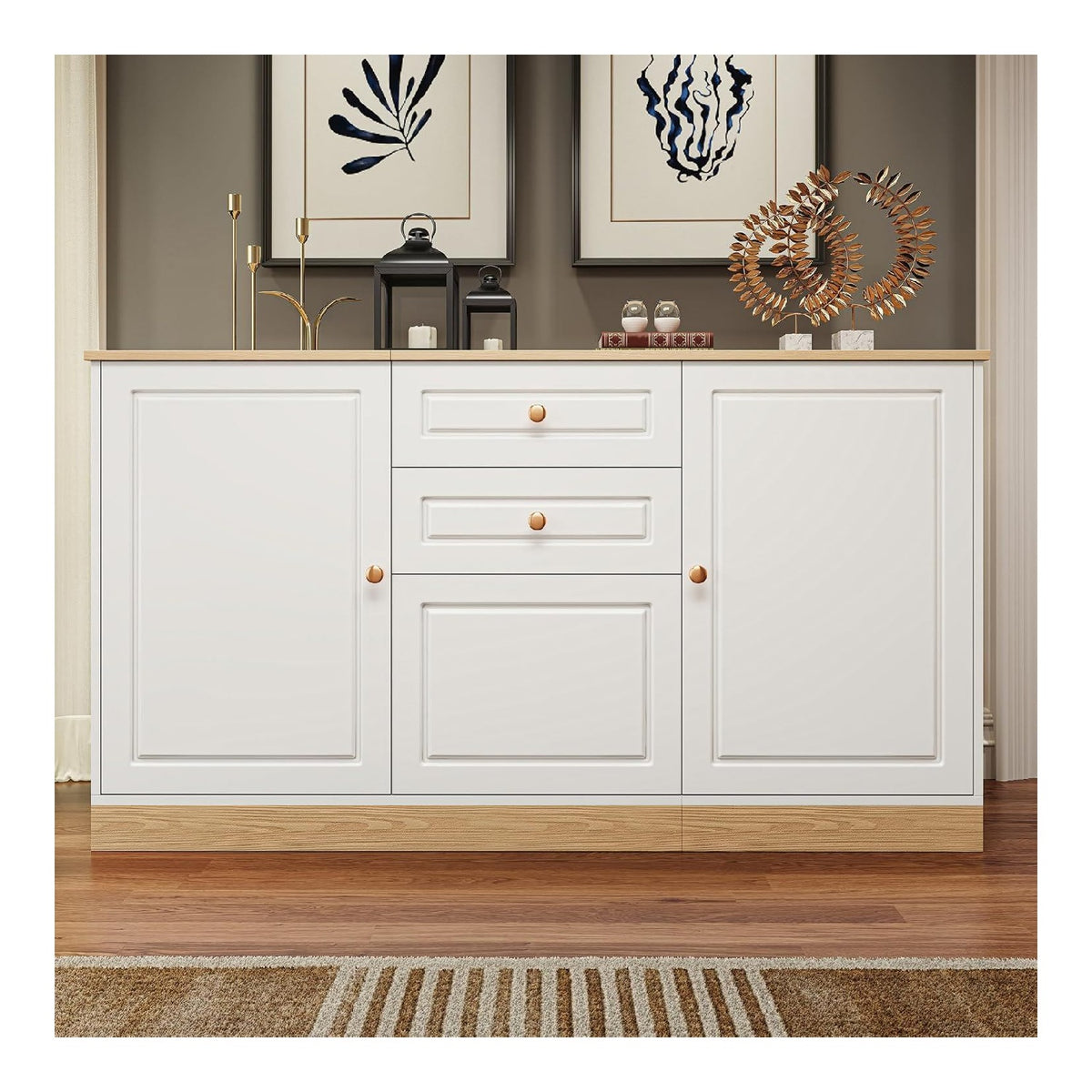 Cabinet mit 3 Turen 2 Schubladen Sideboard mit Goldenen Griffen