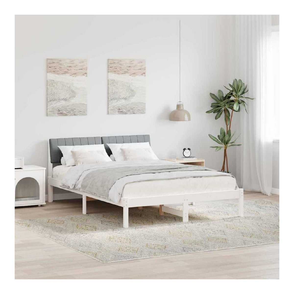 Bettgestell Wei , Hellgrau, 135x190 cm, Massivholz Kiefer, Robustes Plattformbett mit Kopfteil, modernes Schlafzimmermobel fur 2 Personen